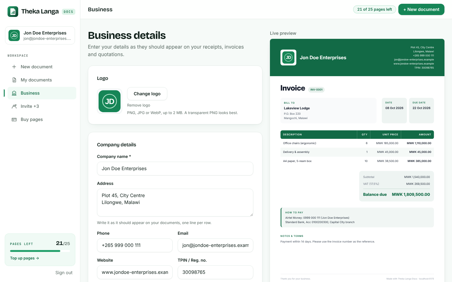 Set up your letterhead once: screenshot