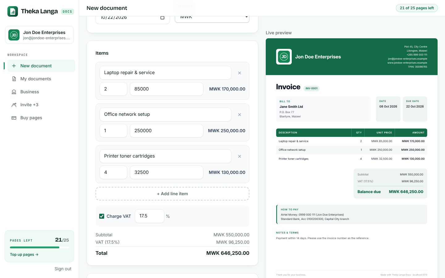 Fill in the items, watch it build: screenshot